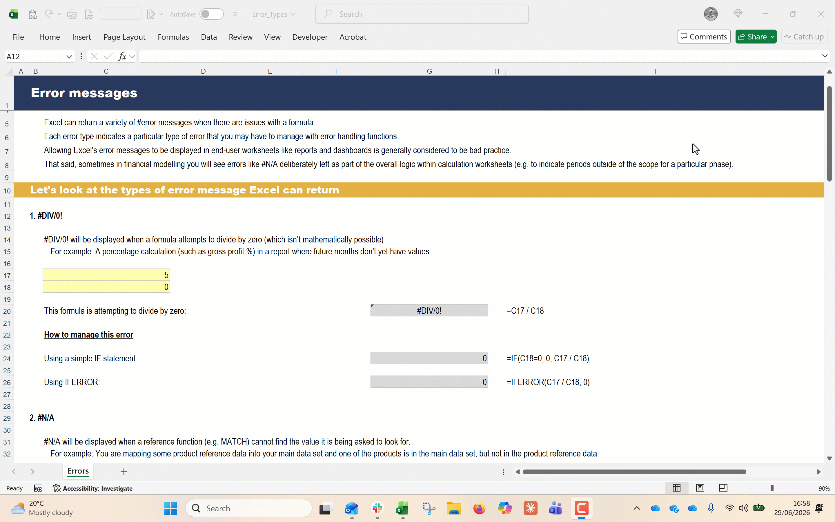 Excel Error Cards